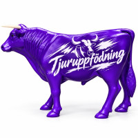 Reklamtjur 260 cm i Glasfiber – Lila tjurskulptur med enoen.se-logotyp