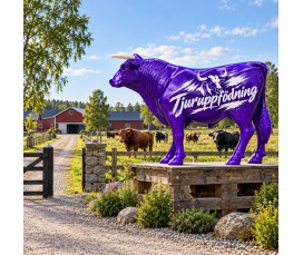 Reklamtjur 260 cm i Glasfiber – Lila tjurskulptur med enoen.se-logotyp