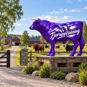Reklamtjur 260 cm i Glasfiber – Lila tjurskulptur med enoen.se-logotyp