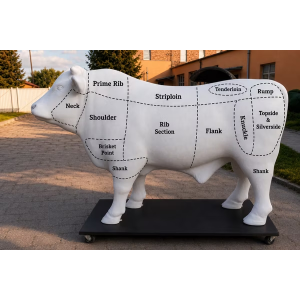 Kött-tjur Skulptur med Styckningsdelar (3D Glasfiber) – Reklamfigur för Slakteri & Gårdsbutik Kött-tjur Skulptur med Styckningsdelar (3D Glasfiber) – Reklamfigur för Slakteri & Gårdsbutik