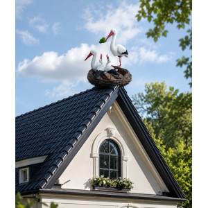 Storkfamilj i bo – dekorativ glasfiberskulptur