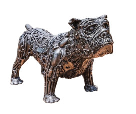 BULLDOG SKULPTUR I METALL 55 CM TILLVERKAD AV ÅTERVUNNEN SKROT AV BILAR MOPEDER CYKLAR 