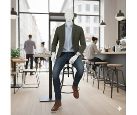 Sittande Skyltdocka Herr med Utbytbar Ansikte – Elfenbensvit Matt