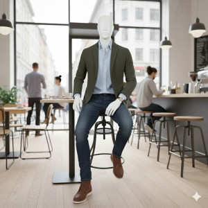 Sittande Skyltdocka Herr med Utbytbar Ansikte – Elfenbensvit Matt